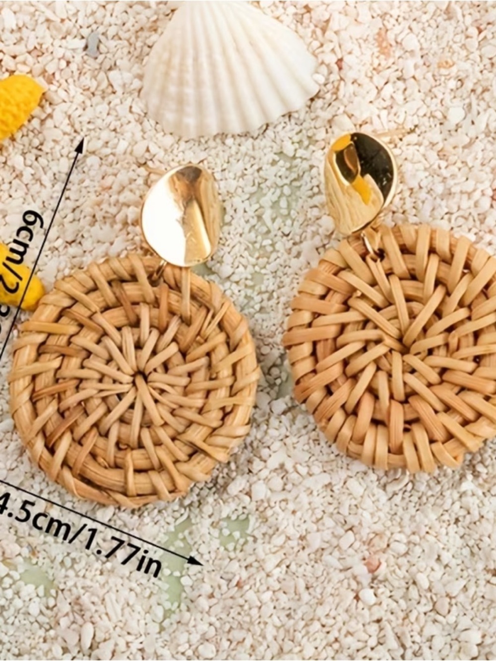 Rattan Drop Earrings with Gold Disc - Chic Natural Woven Jewelry - Picture 3 of 5